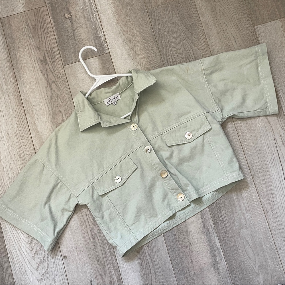 Sabo Skirt Top denim cropped button up womens Green (small) utility chic casual